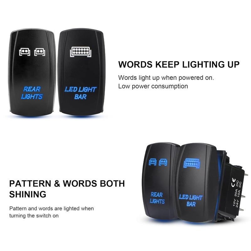 Weasch 2 Pack Rear Lights Rocker Switch Led Light Bar Rocker Switch, Laser On/Off SPST 5Pin Waterproof, 20A/12V 10A/24V, with Jumper Wires for Automotive Boat Marine Truck Jeep, Blue - Image 3
